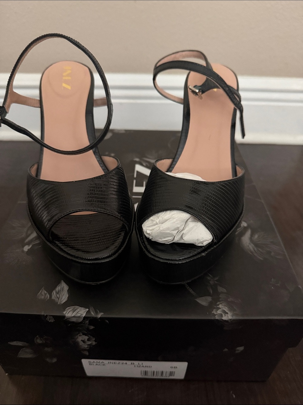 Black Lizard-Embossed Platform Sandals with Ankle Strap